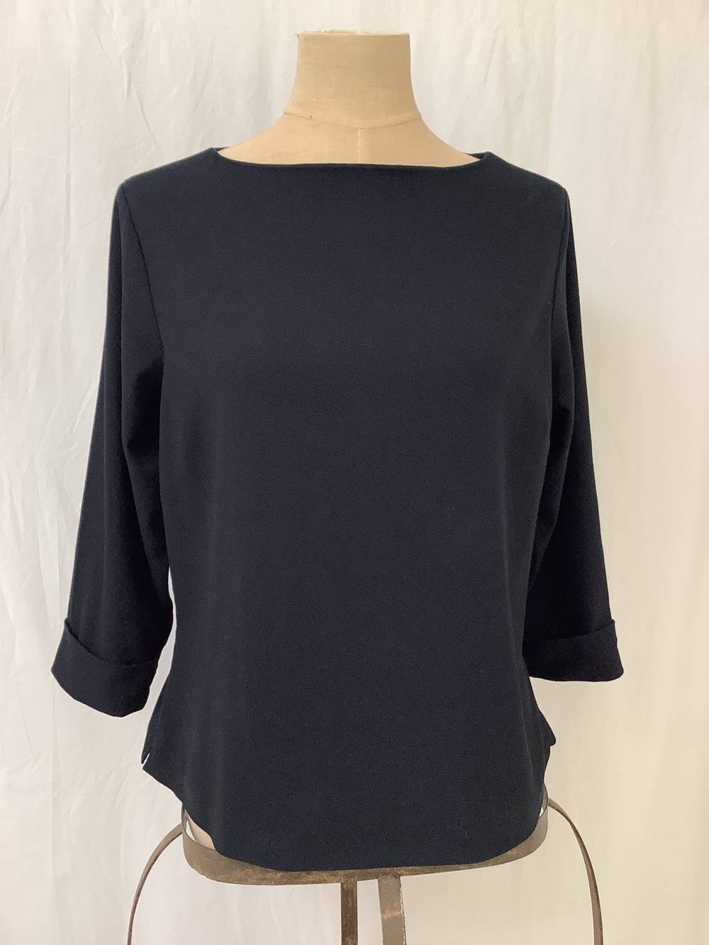 Merona Stretch Pullover Top Shirt-Black-Boat Neck-3/4 Sleeve-Back Zip-Cuffs-L
